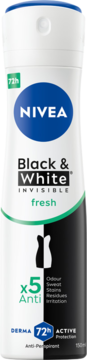 NIVEA Black & White Invisible Fresh Antyperspirant spray w biało-czarnej butelce, widok z przodu.
