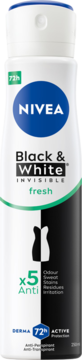NIVEA Black & White Fresh antyperspirant 250 ml, biało-czarna butelka, widok z przodu, ochrona 72h, przed plamami.