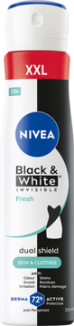Antyperspirant Nivea Black & White Invisible Fresh, czarno-biała butelka XXL z napisem 72h, widok z przodu.