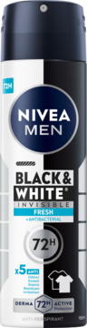 NIVEA MEN Black & White Invisible Fresh antyperspirant, 72H aktywnej ochrony, widok z przodu opakowania.