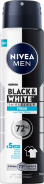 NIVEA MEN Black & White Fresh Antiperspirant spray can, black and white design, 72H protection, front view.