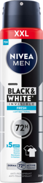 NIVEA MEN Black & White Fresh antyperspirant w sprayu XXL, 72H ochrona, czarno-biała puszka, widok z przodu.