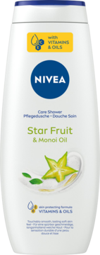 Biała butelka żelu pod prysznic Nivea Star Fruit & Monoi Oil, z przodu grafika owocu karamboli i napis "Vitamins & Oils".