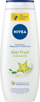 Biała butelka żelu pod prysznic Nivea Star Fruit & Monoi Oil, z przodu grafika owocu karamboli i napis "Vitamins & Oils".