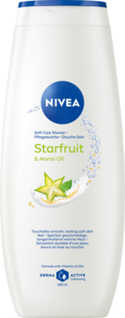Biała butelka żelu pod prysznic NIVEA Starfruit & Monoi Oil z grafiką karamboli, niebieska nakrętka, widok z przodu.