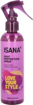 Przezroczysty, purpurowy spray ISANA Heat Protection w butelce ze spryskiwaczem, ochrona włosów do 220°C.