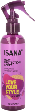 Przezroczysty, purpurowy spray ISANA Heat Protection w butelce ze spryskiwaczem, ochrona włosów do 220°C.