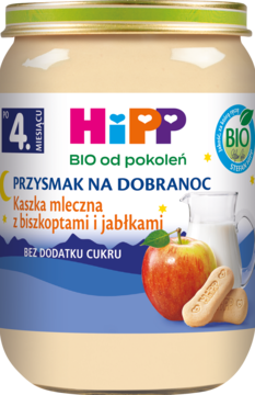 Frontalny widok słoiczka HiPP BIO Kaszka mleczna z biszkoptami i jabłkami, bez cukru, od 4. miesiąca.
