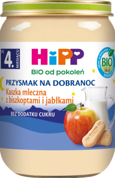 Frontalny widok słoiczka HiPP BIO Kaszka mleczna z biszkoptami i jabłkami, bez cukru, od 4. miesiąca.