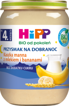 HiPP BIO Kaszka manna z mlekiem i bananami, słoiczek, deser na dobranoc dla niemowląt od 4. miesiąca, bez cukru.