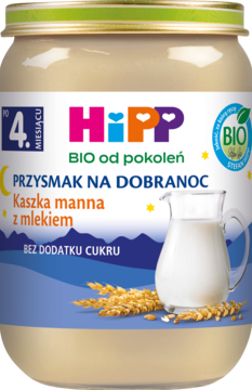 Słoiczek HiPP BIO Kaszka manna z mlekiem od 4. miesiąca, bez dodatku cukru, na dobranoc, widok z przodu.