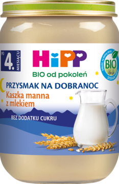 Słoiczek HiPP BIO Kaszka manna z mlekiem od 4. miesiąca, bez dodatku cukru, na dobranoc, widok z przodu.