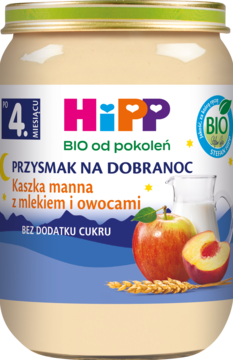 HiPP BIO Kaszka manna z mlekiem i owocami, beżowy słoiczek dla dzieci od 4. m-ca, z grafiką owoców.