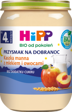 HiPP BIO Kaszka manna z mlekiem i owocami, beżowy słoiczek dla dzieci od 4. m-ca, z grafiką owoców.