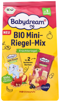 Babydream BIO Mini-Riegel-Mix, 8 owocowych batoników jabłko-banan i jabłko-aronia, widok z przodu opakowania.