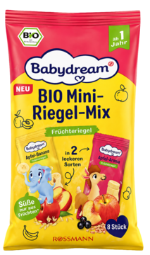 Babydream BIO Mini-Riegel-Mix, żółta paczka, 8 owocowych batoników: jabłko-banan i jabłko-aronia, dla dzieci od roku.