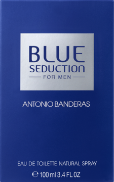 Antonio Banderas Blue Seduction For Men EDT 100ml, granatowe pudełko ze srebrnym panelem, widok z przodu.