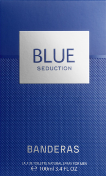 Niebieskie opakowanie wody toaletowej Blue Seduction Banderas dla mężczyzn 100ml, teksturowane, widok z przodu.