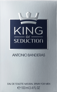 Srebrne pudełko wody toaletowej Antonio Banderas King of Seduction 100ml, z granatowym panelem i koroną.