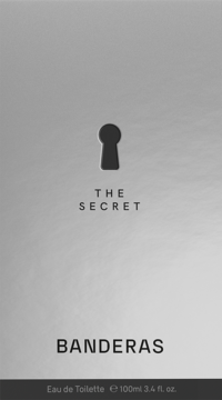 Srebrne pudełko perfum Antonio Banderas The Secret 100ml z czarnym symbolem dziurki od klucza.