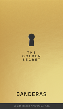 Złote opakowanie Banderas The Golden Secret EDT dla mężczyzn, z czarną dziurką od klucza. Widok z przodu.