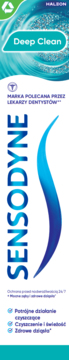 Sensodyne Deep Clean, pasta do zębów w białej tubce z niebieskim pionowym logo i falą, widok z przodu.