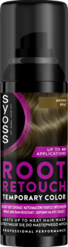 Syoss Root Retouch brązowy spray maskujący odrosty, czarna butelka z pompką, magentowe napisy, widok z przodu.
