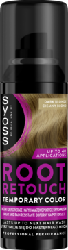 Syoss Root Retouch spray ciemny blond, tymczasowy kolor w czarnej butelce z pompką, widok z przodu. Kryje siwe odrosty.