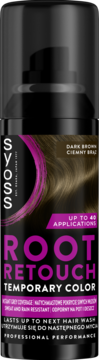 Syoss Root Retouch spray ciemnobrązowy, czarna butelka z pompką, z przodu napis i grafika ciemnych włosów.