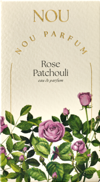 Damska woda perfumowana Nou Rose Patchouli, beżowe pudełko z różami i zielonymi liśćmi, widok z przodu.