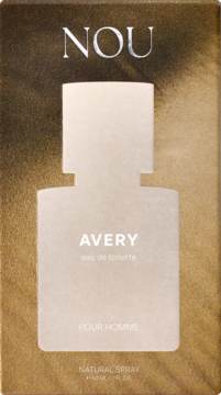 Złote opakowanie męskiej wody toaletowej Nou Avery z beżową sylwetką butelki i napisem Avery, widok z przodu.