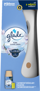 Opakowanie zestawu Glade: automatyczny odświeżacz Pure Clean Linen z białym dozownikiem, wkładem i bateriami.