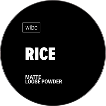 Wibo Rice Matte Loose Powder. Czarne okrągłe opakowanie z białymi napisami, widok z przodu. Ryżowy puder matujący.