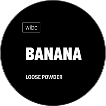 Czarny, okrągły label Wibo Banana Loose Powder z białymi napisami, do aksamitnego wykończenia makijażu.