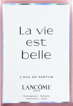 Lancôme La Vie Est Belle L'Eau de Parfum, białe opakowanie z eleganckim napisem, irydowy brzeg, widok z przodu.