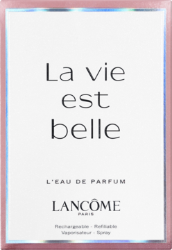 Białe pudełko perfum Lancôme La Vie Est Belle, L'Eau de Parfum, z różową obwódką, widok z przodu. Napis Refillable.