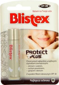 Balsam Blistex Protect Plus SPF 30, złoty sztyft w uszczelnionym, beżowo-czerwonym opakowaniu, widok z przodu.