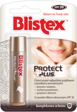 Balsam do ust Blistex Protect Plus SPF 30 w złotym sztyfcie, w opakowaniu detalicznym, widok z przodu.