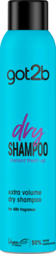 Turkusowy suchy szampon Got2b Instant Fresh-Up, butelka z czarną nakrętką, widok z przodu. Wegańska formuła.