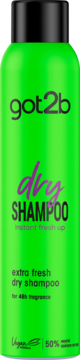 Neon zielony suchy szampon got2b Instant Fresh-Up, z czarną nakrętką i napisem Vegan, widok z przodu.