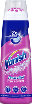 Vanish PowerGel Stain Remover, różowo-niebieska butelka 2x skoncentrowana, widok z przodu.