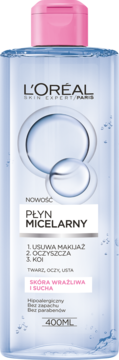 Przezroczysta butelka L'Oréal Płyn Micelarny 400ml do skóry wrażliwej i suchej z różową nakrętką, widok z przodu.