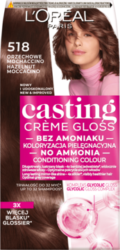 L'Oréal Casting Crème Gloss 518 Hazelnut Moccacino, farba bez amoniaku, brązowe pudełko, widok z przodu.