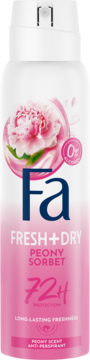 Biały antyperspirant Fa Fresh+Dry Peony Sorbet, 72h ochrony, z piwonią na etykiecie. Widok z przodu.
