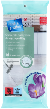 Front opakowania Flink & Sauber, 16 ściereczek do podłóg, wiosenny zapach z fioletowymi krokusami.