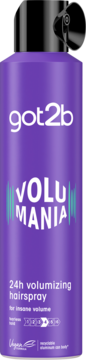 Widok z przodu. Got2b Volumania lakier do włosów zwiększający objętość, fioletowa butelka, mocne utrwalenie (4).