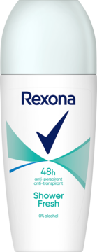 Rexona Shower Fresh roll-on antyperspirant 48h, biała butelka z niebieskim logo, widok z przodu.