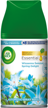 Air Wick Freshmatic Spring Delight automatyczny wkład odświeżacza, biało-zielona puszka z błękitnymi kwiatami.