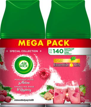 Air Wick Freshmatic, różowy Mega Pack Sparkling Rose & Raspberry z olejkami, na 140 dni, widok z przodu.