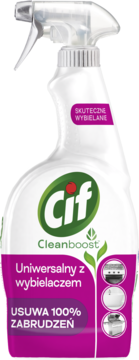Cif Cleanboost uniwersalny spray z wybielaczem, biała butelka z fioletową etykietą, widok z przodu. Usuwa 100% zabrudzeń.